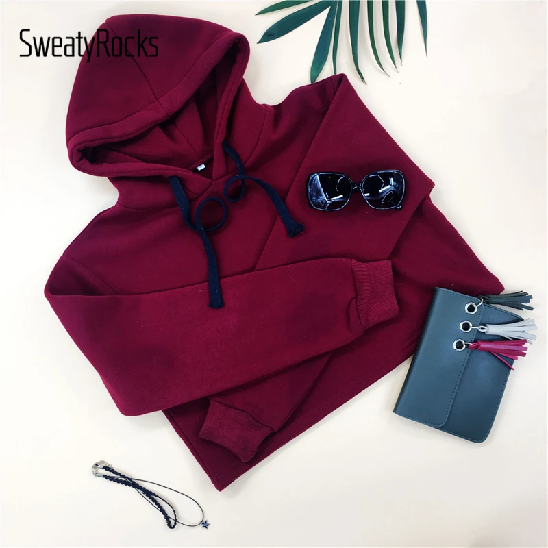 SweatyRocks Burgundy Hooded Drawstring Cashmere Sweatshirt Long Sleeve Casual Pullovers Autumn Women Sweatshirt