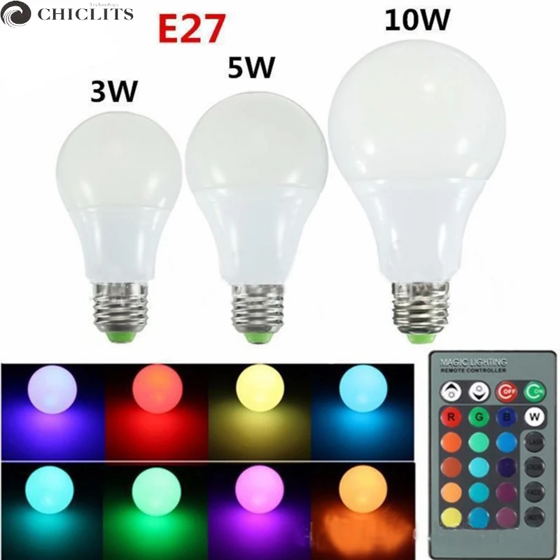 

RGB LED Light Lamp 3W 5W 10W AC 85-265V E27 LED RGB Bulb 16 Color Change Dimmable RGB Bulb for Home Decor IR Remote Controller
