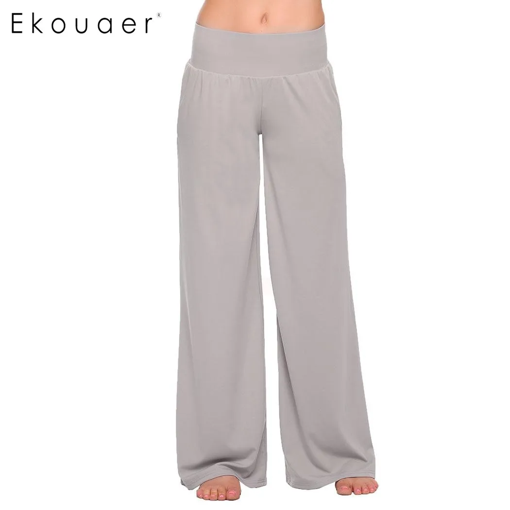 

Ekouaer Casual Solid Trousers Fashion Elastic Waist Wide Leg Pants Women Loose Sleepwear Cozy Long Pants Black Gray