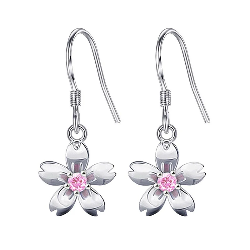 925 Sterling Silver Pink Daisy Flower CZ Crystal Dangle Earrings for