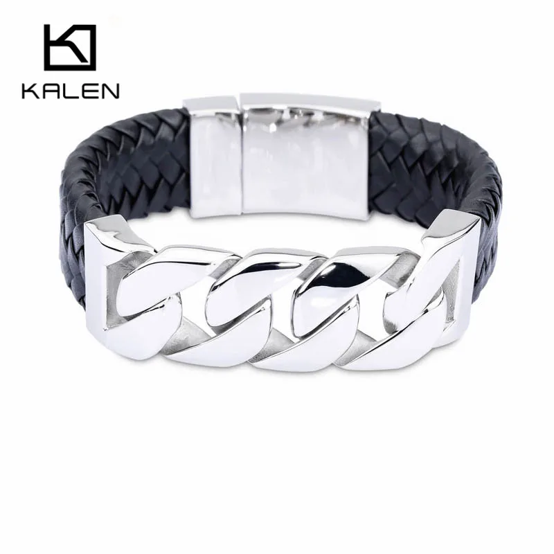 

KALEN Stainless Steel Link Chain bracelets Vintage Black Braided Leather Bracelet For Men Western & American Fashion Jewelry
