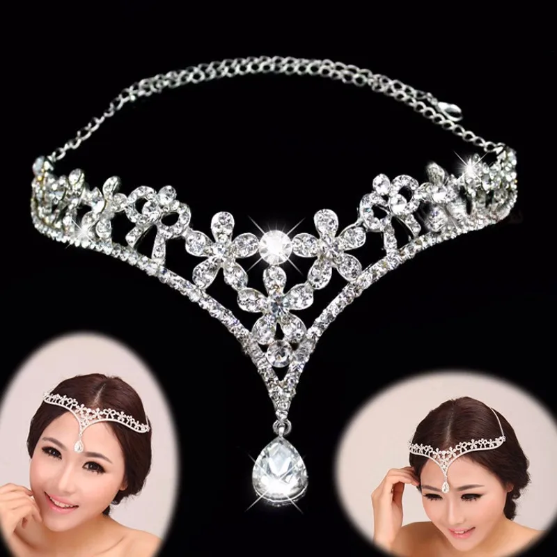 Silver Plated Luxury Forehead Crystal Rhinestone Headpieces Wedding Indian Hair Accessories