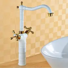 Золотой окрашенный в белый, ребристый антикварный кухонный смеситель латунь Поворотный Ванная раковина смеситель для кухни HJ-6071