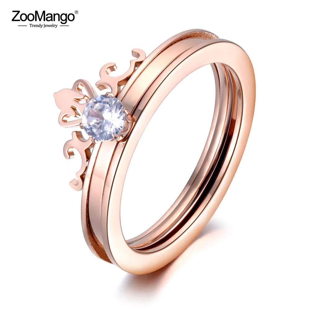 

ZooMango 2 In 1 CZ Crystal Crown Ring Jewelry For Women Girl Rose Gold Stainless Steel Anniversary Wedding Ring Anneaux ZR19013