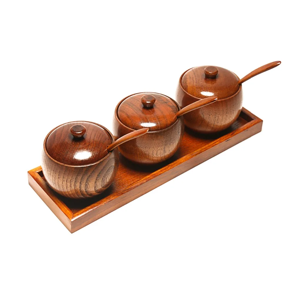 Japanese style Wooden Pepper Seasoning Pot with Spoon Lid Condiment