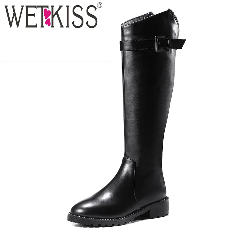

WETKISS Rivet Round Toe Riding Boots Genuine Leather Knee Boots Winter Autumn Buckle Strap Female Shoes Woman Zipper Square Heel