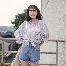 2017 Women’S Ulzzang Striped Bat Sleeves Polo Collar Loose Boho Shirt Female Japanese Kawaii Blouse And Clothing For Women