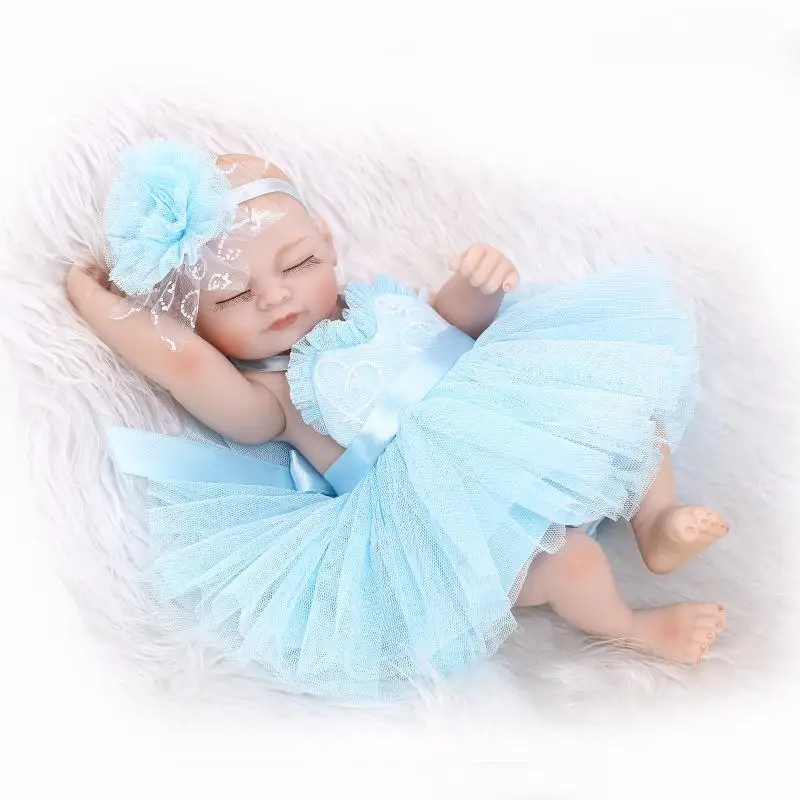 27CM Full Body Soft Silicone Reborn Baby Dolls Blue Dress Princess Baby