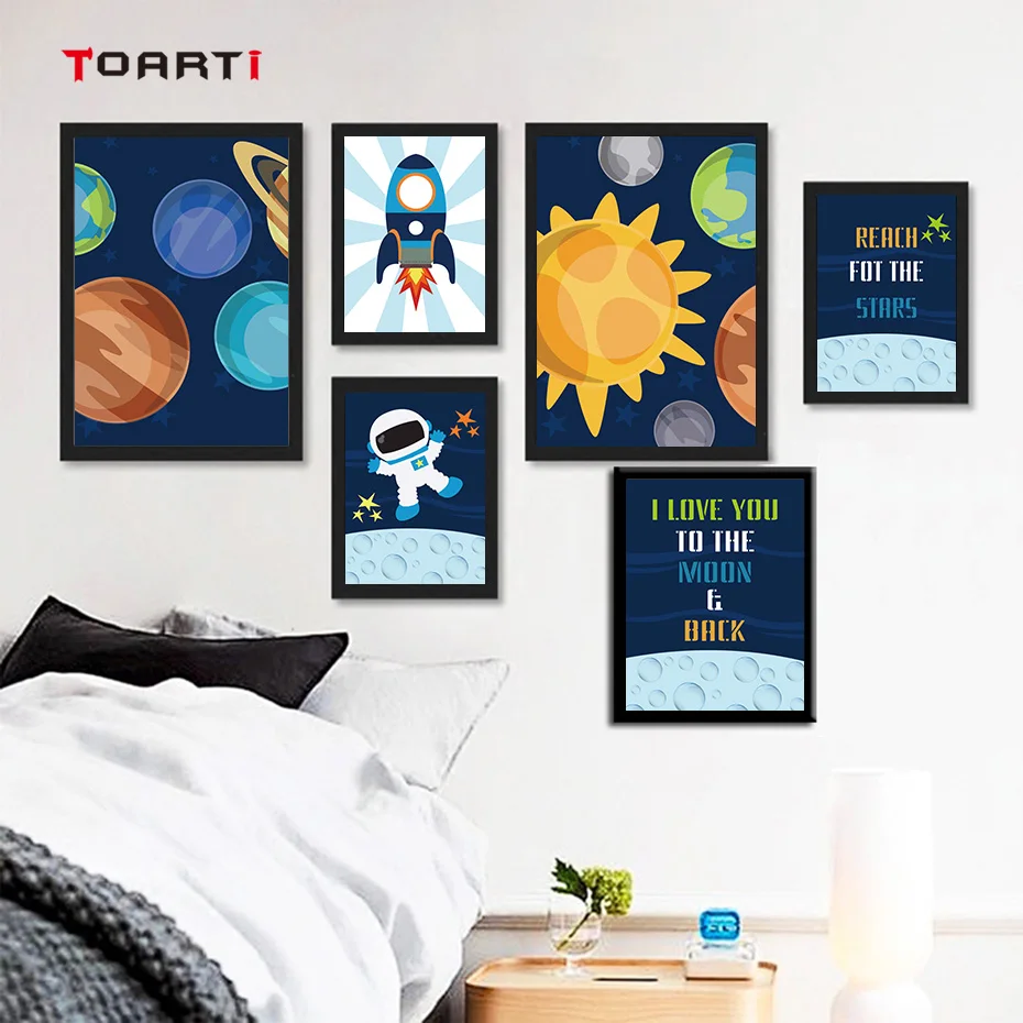 Cartoon Universe Theme Wall Art Painting Astronaut Reach For The Stars Vintage Posters&Prints Kids Bedroom Decor Nursery Picture (4)