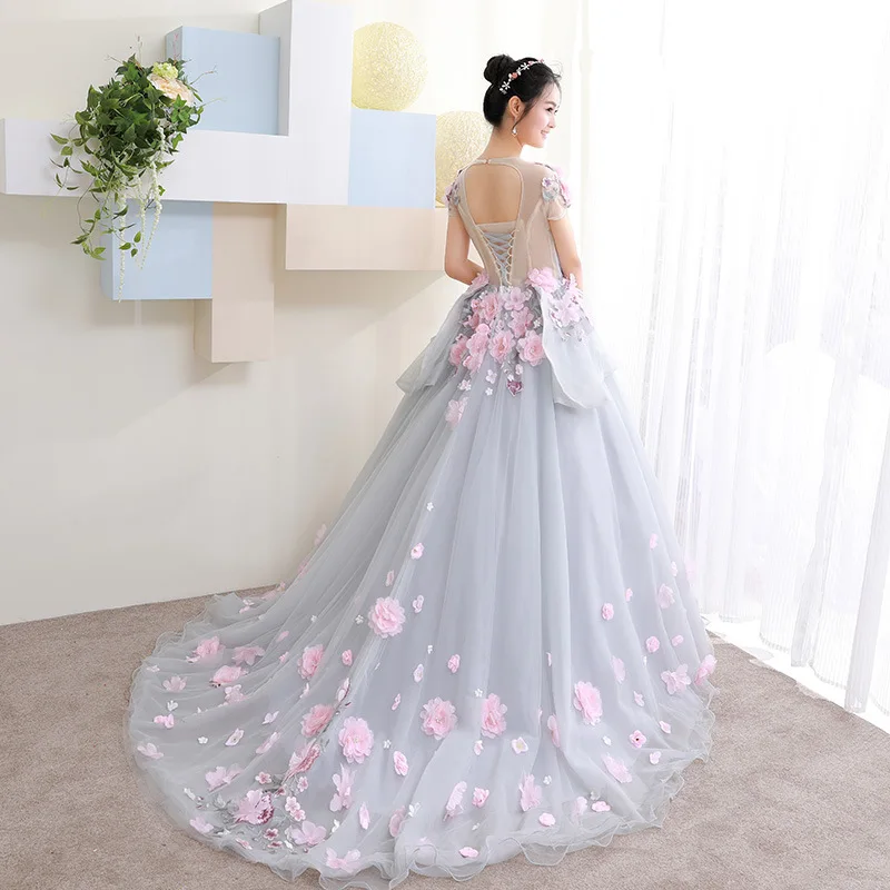 Он невесты элегантный цветок Длинные свадебные платья o-образным вырезом с короткими рукавами длиной до пола бальное платье выпускного вечера