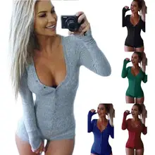 

Drop Shipping Deep V Neck Button Jumpsuit Romper Women Tops Elastic Slim Long Sleeve European Stars Short Bodysuit Overalls