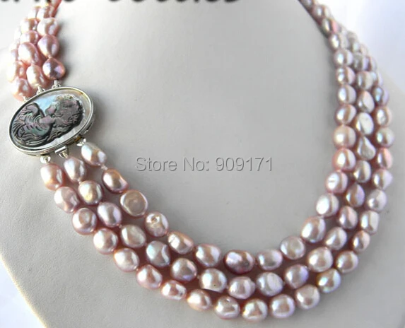 

Free Shipping>>>>3Strands 18'' 9mm Lavender Baroque Freshwater Pearl Necklace