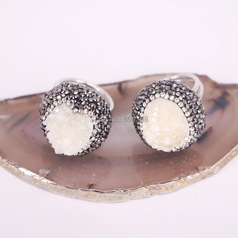 

5PCS Zyunz Round Titanium Geode Quartz Stone Ring, Dark Silver Color Pave CZ Drusy Stone Band Ring
