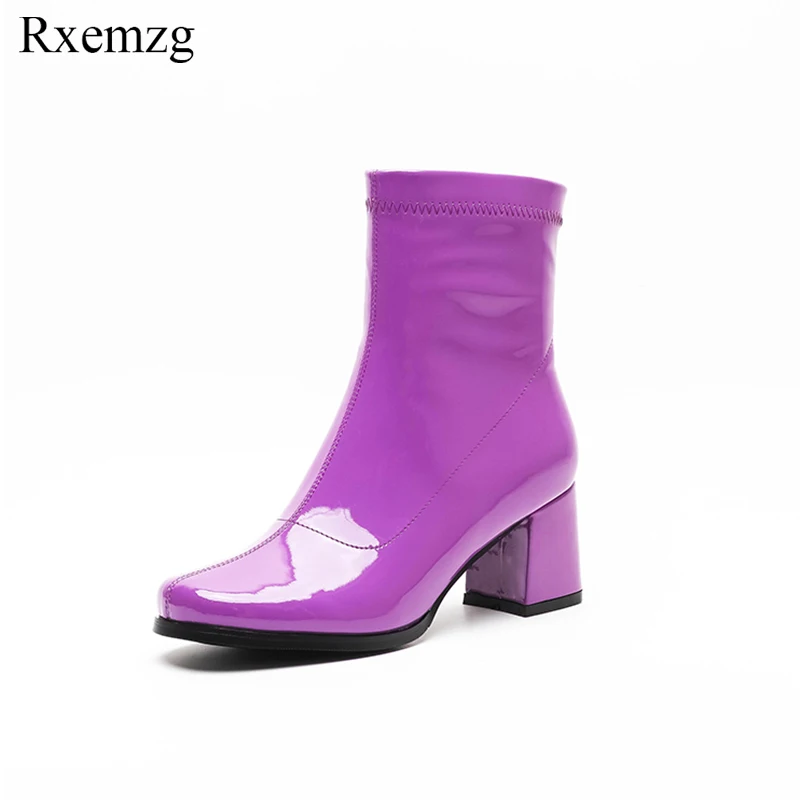

Rxemzg 2019 women popular fashion soft ankle boots for women blue purple patent leather pumps high heels zipper boots shoes new