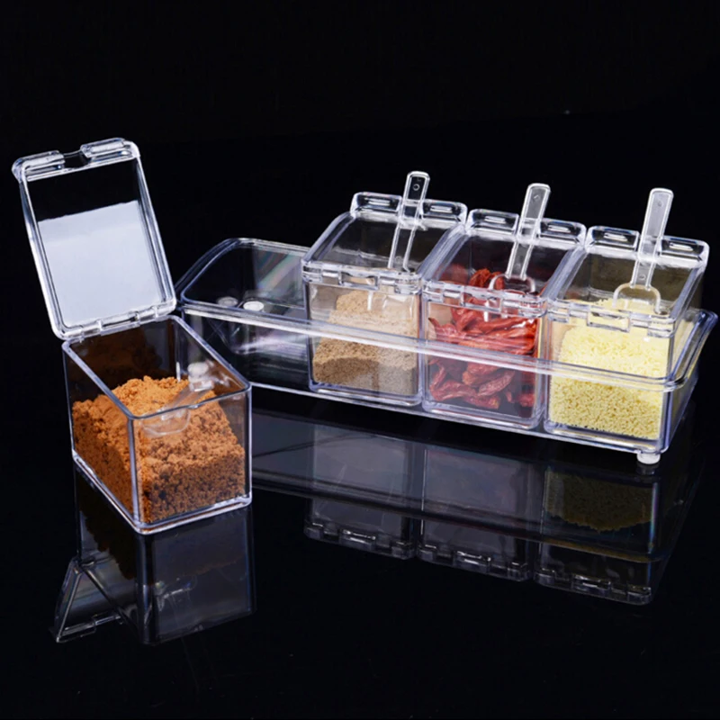 

4pcs Combination Transparent Herb Spice Storage Box Seasoning Salt Spice Jar Sugar Storage Box with Spoon Kitchen Tool
