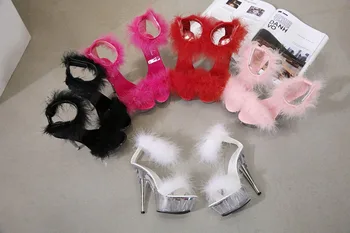 

Female Sandals Women Platform Model T Stage Shows 2019 Summer Shoes Sexy High Heels 15cm Shoes Feathers Bride Wedding Shoes