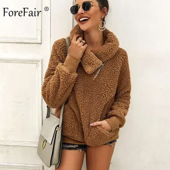 

Forefair Women Winter Faux Fur Hoodies Turtleneck Sweatshirts Autumn 2019 Female Plus Size Zip Casual Oversize Fleece Pullovers