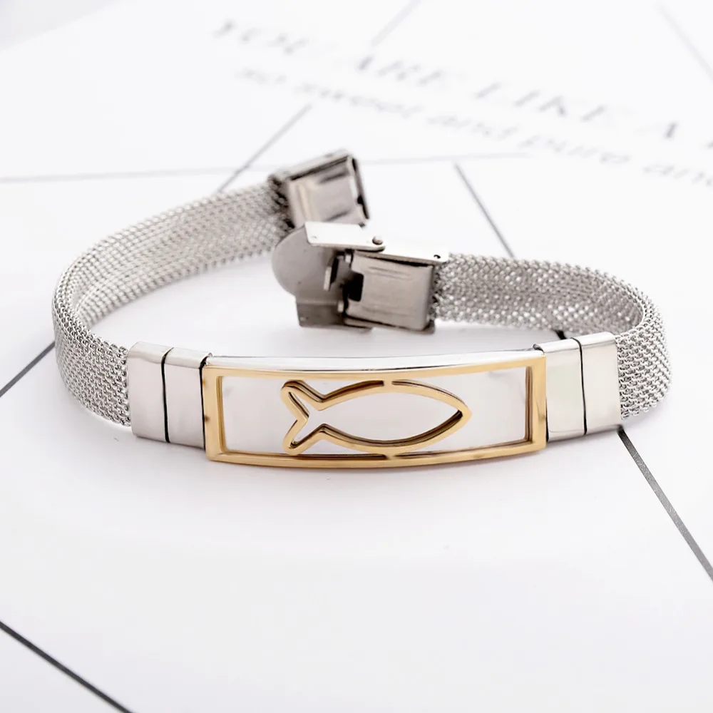 Men's Greek Fish Pattern Cuff Bracelet Stainless Steel Wire Mesh