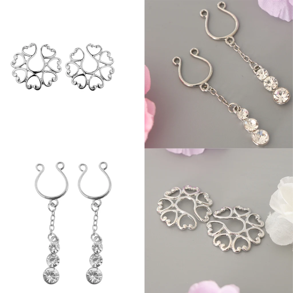 MagiDeal 4Pcs Crystal Stainless Ring Non-piercing Fake Nipple Ring Clip On Adjustable Body Jewelry
