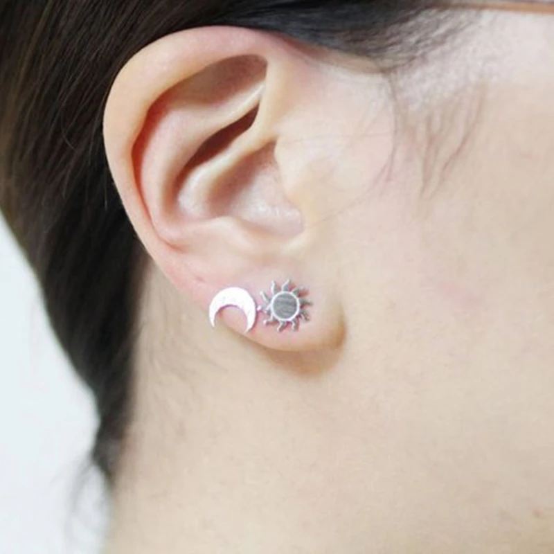 

Dainty Gold Silver Mismatched Sun And Moon Earrings Women Wiccan Jewelry Stainless Steel Stud Best Friend Gift Bijoux Femme