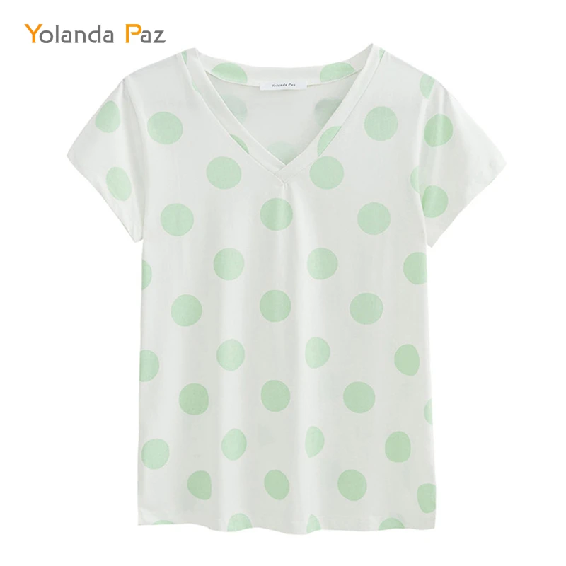 Yolanda Paz Fashion Polka Dot Print Women Summer T Shirts High Quality V Neck Short Sleeve