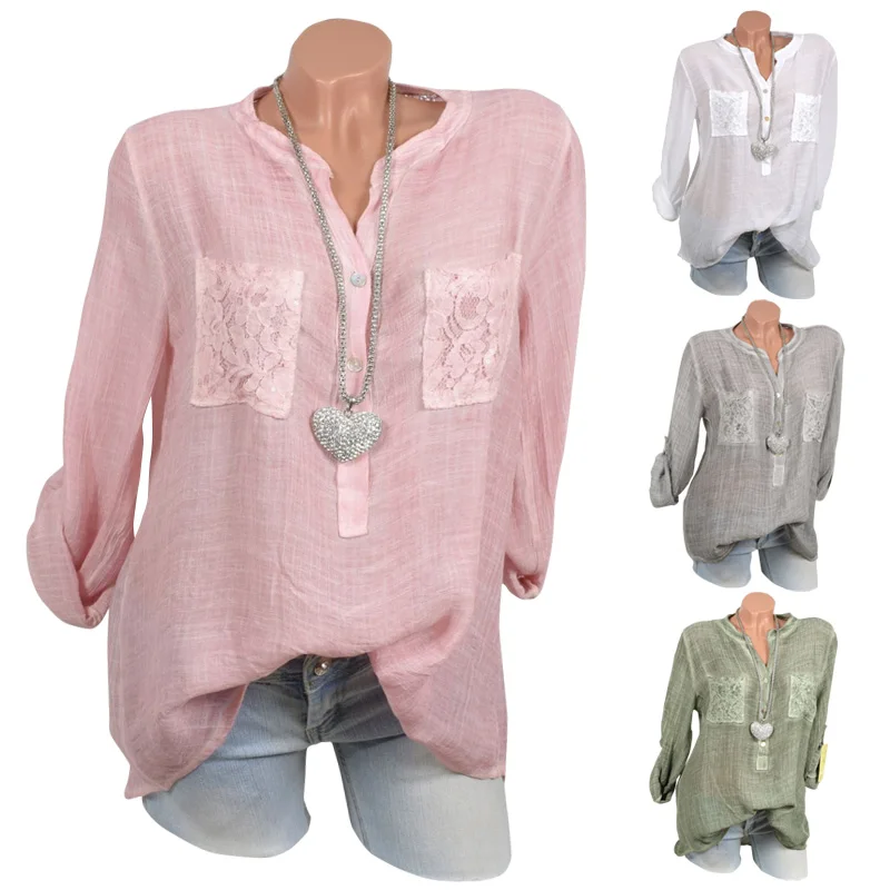 

Spring Autumn Women Shirt Long Sleeve Blouse Solid Color Tops Lace Patchwork Loose Shirts Plus Size S-5XL XRQ88