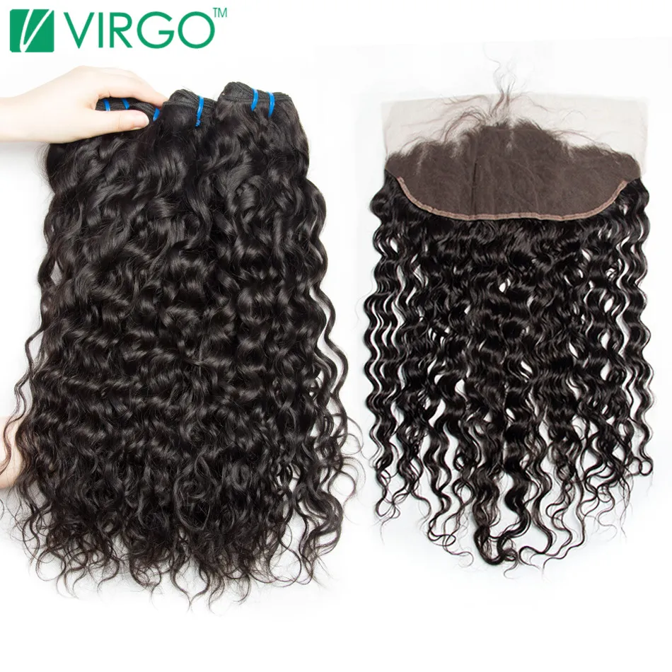 Brazilian Water Wave 3 Bundles with Lace Frontal Closure Human Hair Bundles With Closure Frontal Virgo Hair Non-remy Weave