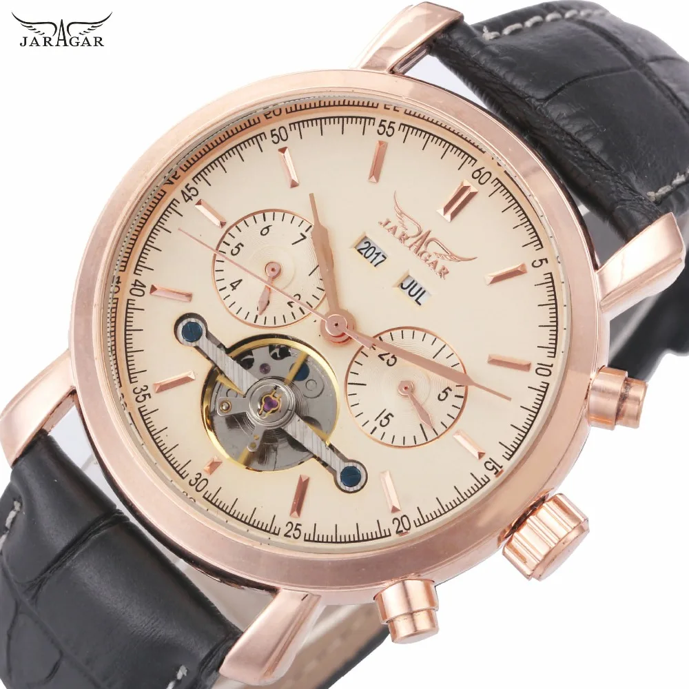 

JARAGAR Tourbillon Mechanical Watch Men Top Brand Luxury Chronograph Calendar Dial Leather Watchband Fashion Men Auto Wristwatch