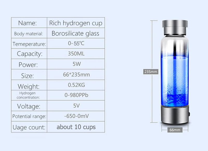 350 мл водородный генератор воды японский щелочной энергии стеклянная бутылка Анион ионизатор воды Анти USB H2 здоровая умная чашка