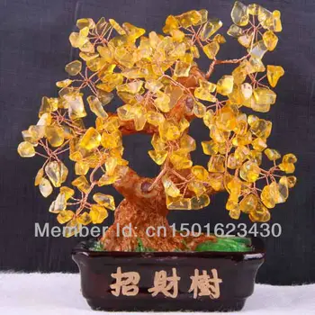 

Free Shipping 150X180X80MM Natural Stone Beads Yellow Crystal Crafts Wealth inviting Good Luck Tree 1Pcs N114