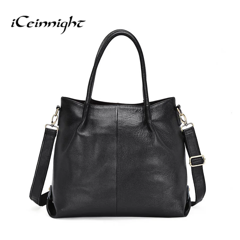 

iCeinnight 100% genuine cow leather women bag vintage black sold shoulder bag for female luxury big tote with long 120cm belt