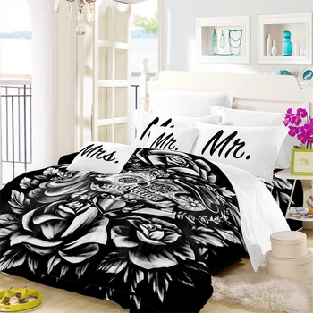 

3D Rose Bedding Set Couples Sugar Skull Duvet Cover Set Letter Mr Mrs Print Pillowcase Valentine's Day Gift Home Decor 3Pcs D45