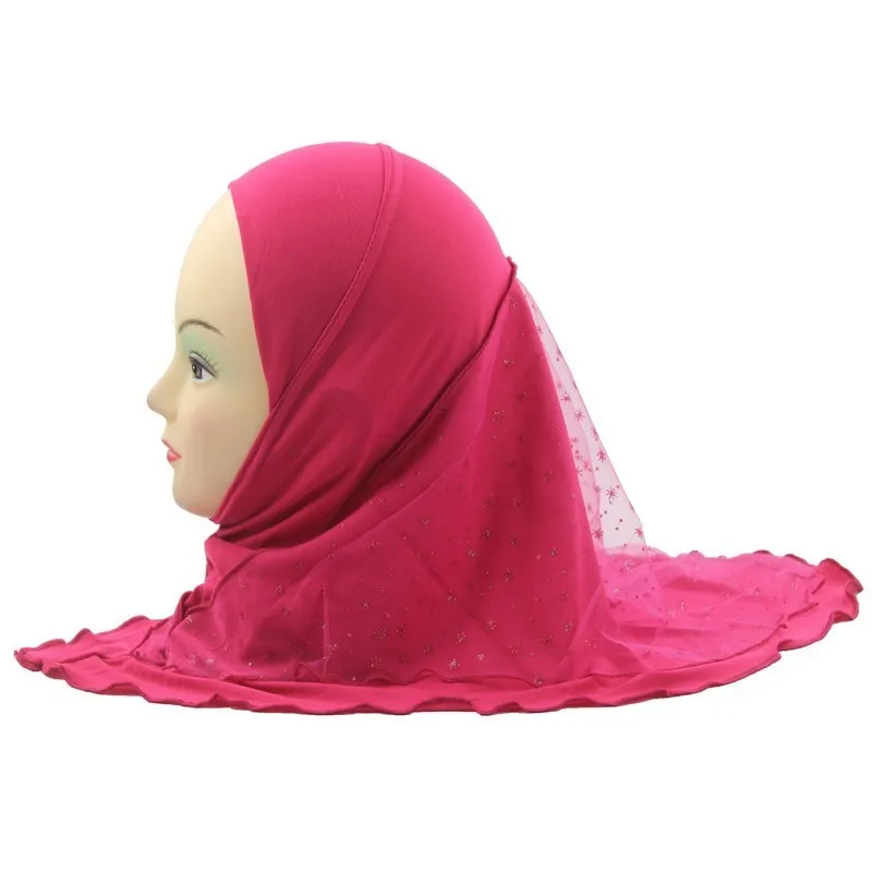 Мусульманский хиджаб для детей, исламский шарф в арабском стиле, мягкие и тянущиеся шали с красивым кружевом, снежный узор, для девочек 3-7 лет - Цвет: Rose Red