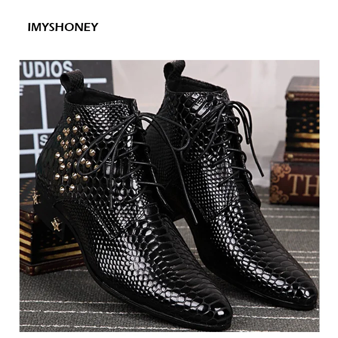

Martin Boots Leather Men's Boots Pointed Chelsea Boots Mid-calf Tide Restoring Ancient Ways Snakeskin Grain