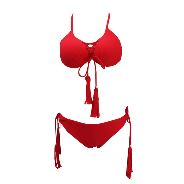 Lyseacia Hot Bikini Push Up Swimwear Women Swimsuit Solid Colors Tassel