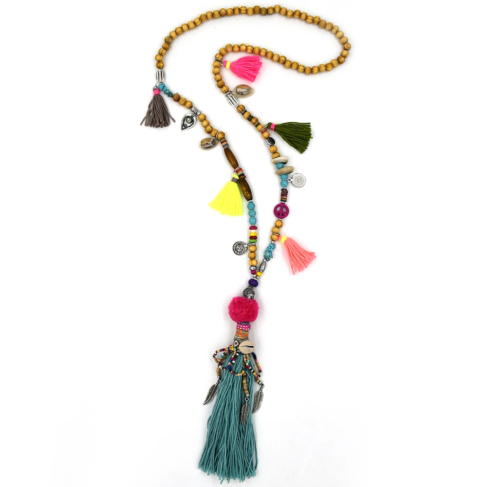 Новинка, богемное ожерелье с длинной бахромой, украшенное бусинами и кисточками, с помпонами, подвески Будды, ожерелье для женщин