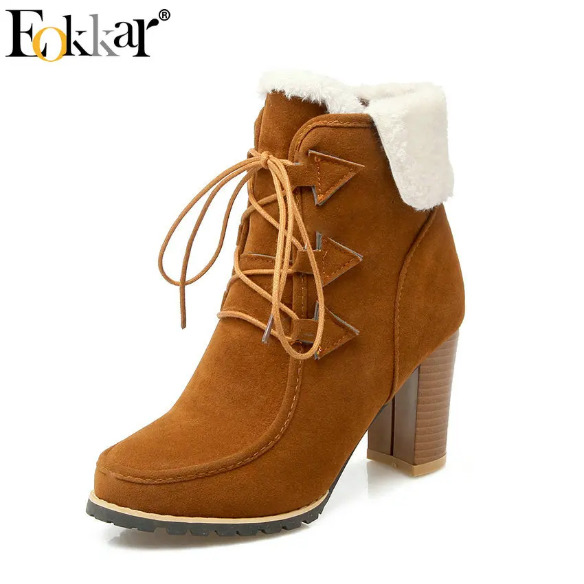 Eokkar 2019 Fur Women Ankle Boots Round Toe Winter Warm Lace Up Casual Square Heel Black Flock Motorcycle Size 34-43 | Обувь