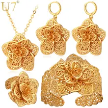 U7 Dubai Flower Jewelry Sets Gold Necklace Cuff Bracelet Drop Earrings & Ring Bridal Wedding Jewelry Set For Women Gift S56