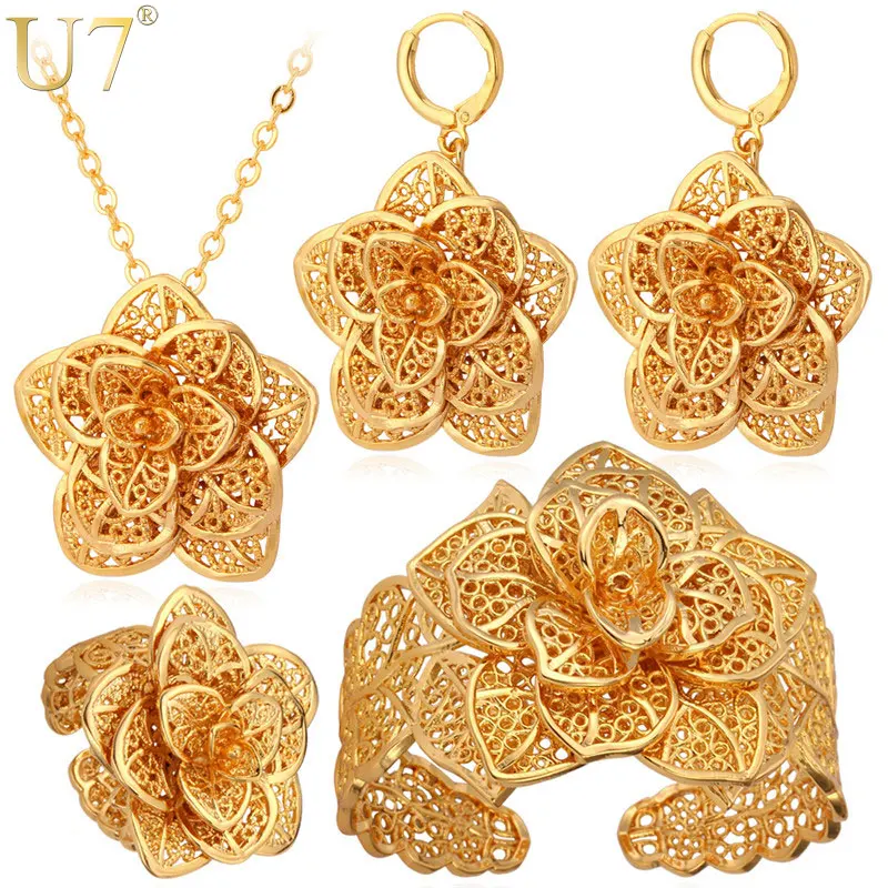 U7 Vintage Big Flower Jewelry Sets Gold Color Necklace Cuff Bracelet Earrings And Ring Bridal Wedding Jewelry For Women Gift S56 U7 Vintage Big Flower Jewelry Sets Gold Color Necklace Cuff Bracelet Earrings And Ring Bridal Wedding Jewelry For Women Gift S56