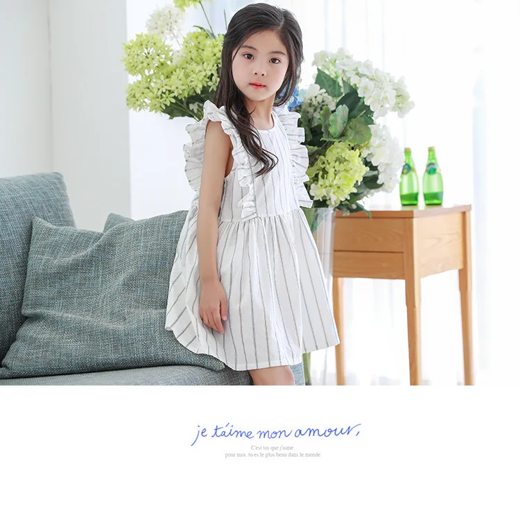 Yeediosn Summer Beach Kids Dresses For Girls Cotton Striped Girls Princess Dress Sleeveless Ruffles Children White Girl Costume (11)