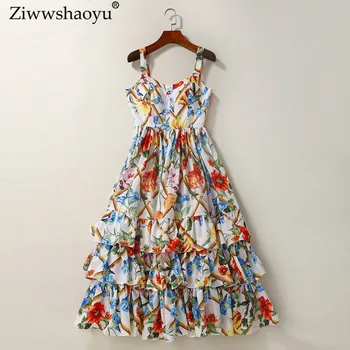 

Ziwwshaoyu Europe Designer Summer Dress Women's High Quality Multicolor Floral Printed Ruffle Layer Spaghetti Strap Ball Gown