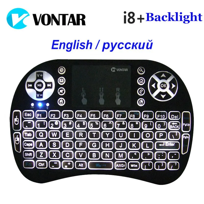 VONTAR подсветкой i8 + Английский Русский подсветка мини беспроводной клавиатура 2 4