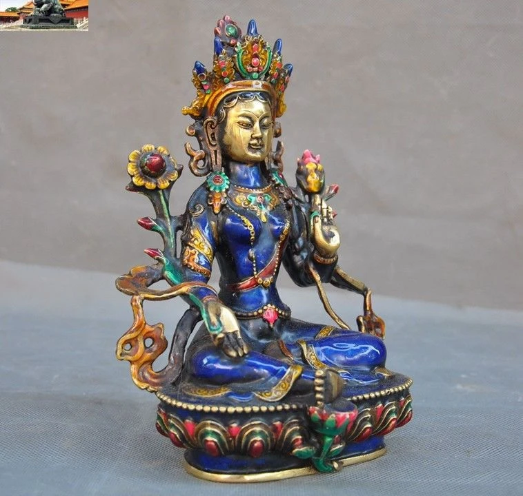 8 &quotтибетские бронзовые Перегородчатые Позолоченные Зеленые Tara Kwan Yin статуя
