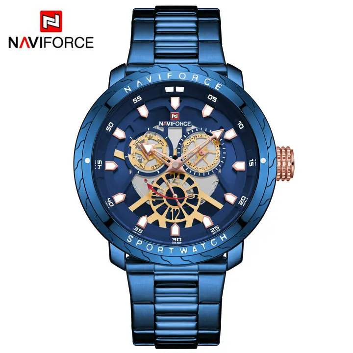 NAVIFORCE лучший бренд роскошные часы мужские модные синие кварцевые часы мужские s календарь дисплей стальной ремешок шикарные военные наручные часы - Цвет: BLUE