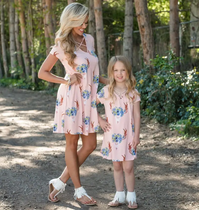

Mom Girls Matching Dress Clothes Lady Mother Daughter Matching Summer Baby Girl Floral Dress Sundress