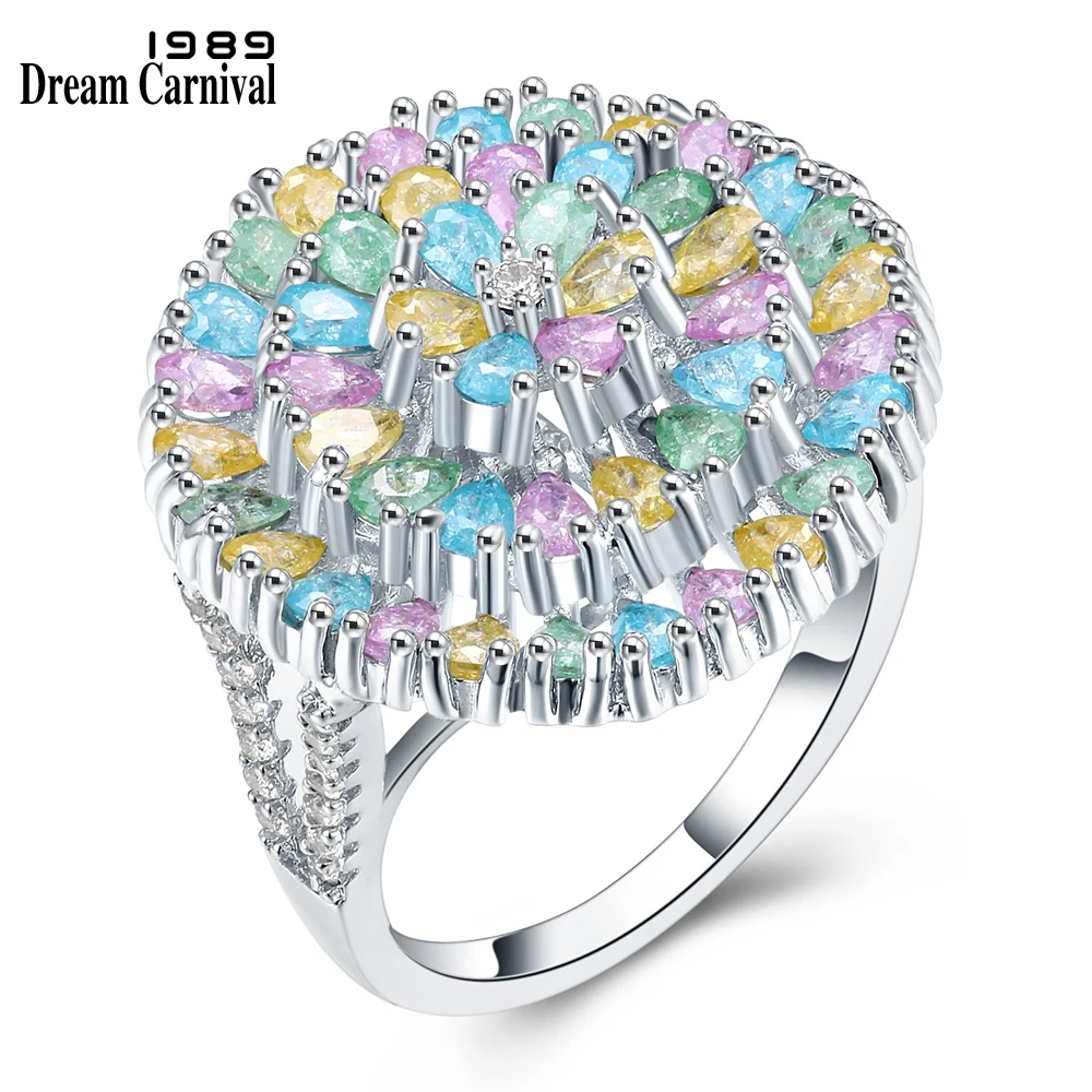 

DreamCarnival 1989 Big Round Shape High End Pastel Multi Colorful Glitter Effect Zircon Lady Statement Rings for Women SJ29893R