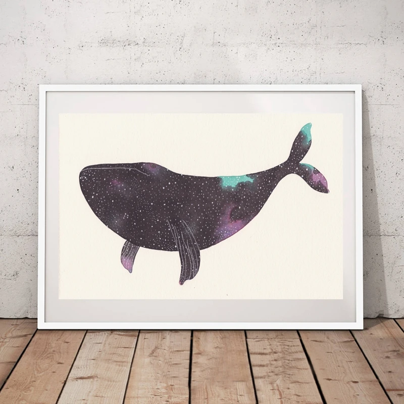 Watercolor Night sky Whale Canvas Art Print Wall Pictures , Creative