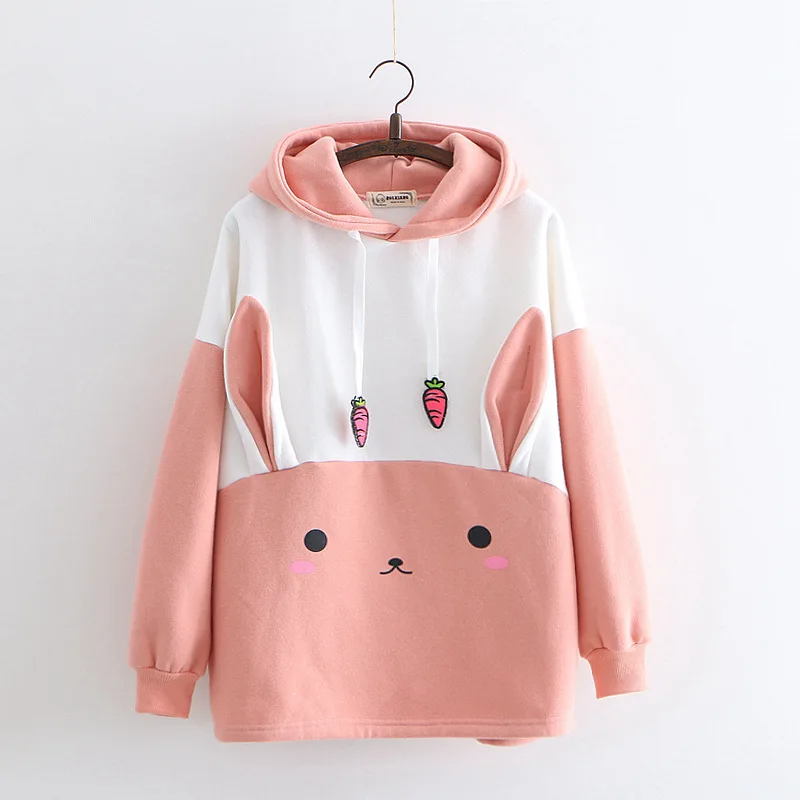  Cartoon sweet rabbit carrot stamp with cap and pile to keep warm girl hoodie Sweatshirts Hoodies