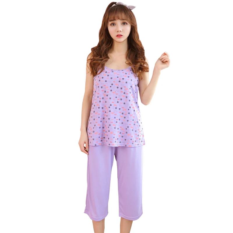 High Quality Women Strap Pajamas Set Modal Print Sleeveless With Removable Chest Pad Calf Length