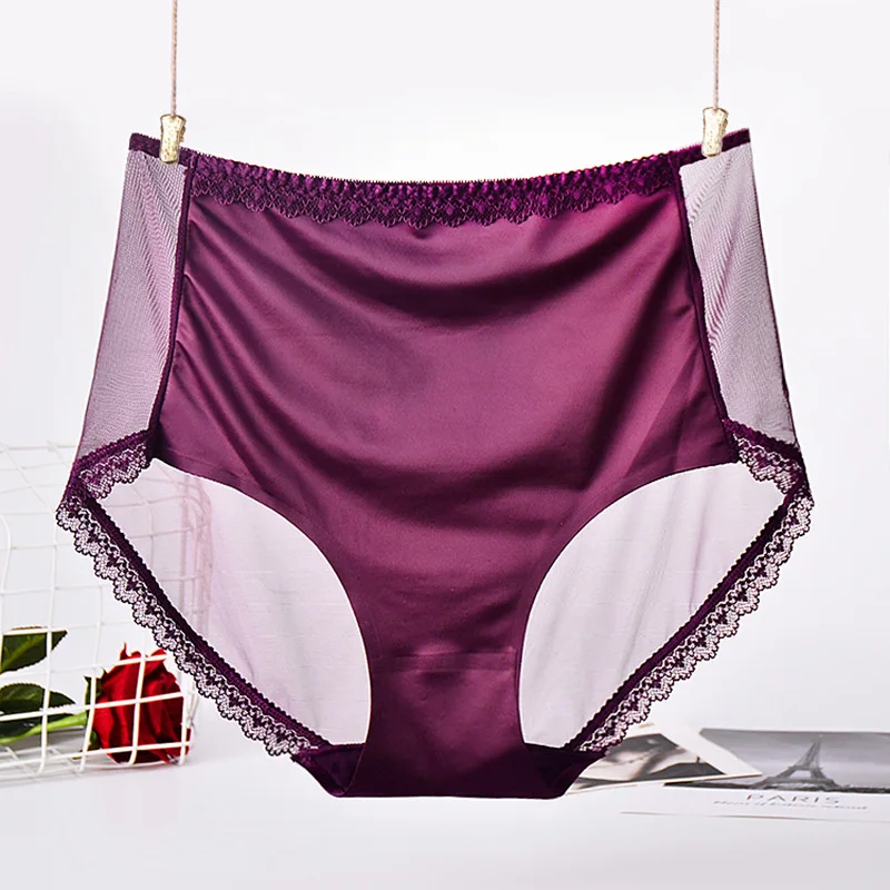 Fuchsia Летние ультра-тонкие прозрачные женские трусики большого размера, молочный шелк, сетка, сексуальные кружевные атласные трусики размера плюс, женское нижнее белье - Цвет: Fuchsia